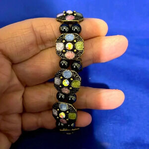 Vintage KM signed hematite,  AB iridescent crystal and opals stretch bracelet